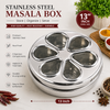 13 Inch Heavy 304 Grade Stainless Steel Round Masala Box | 7 Spice Containers | Food Grade Spice Storage Organizer | Premium Kitchen Masala Dabba | Rust Resistant