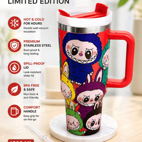 1200ml Labubu Limited Edition Stainless Steel Insulated Tumbler with Handle, Lid & Reusable Straw | Double Wall Vacuum Travel Mug | Hot & Cold Coffee Cup | BPA Free