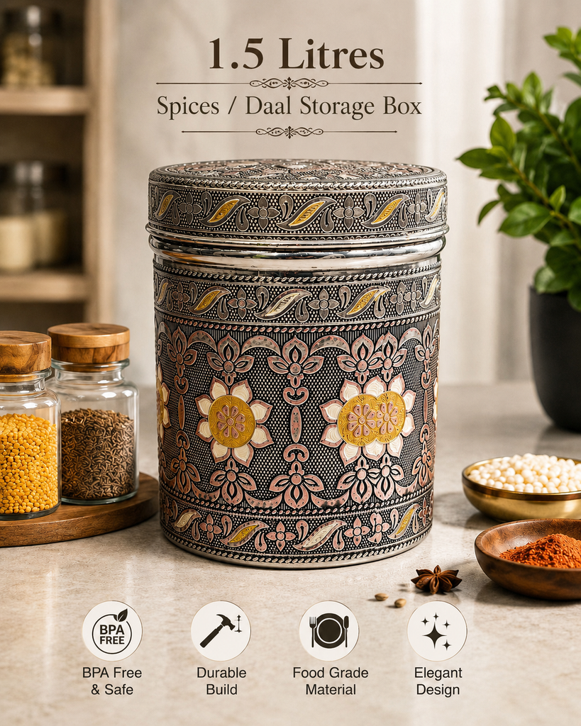 Salem 1.5 Litre 304 Grade Stainless Steel Storage Jar with Airtight Lid | Handmade Etching Work | Premium Spice, Daal & Dry Fruit Container | Food Grade Kitchen Storage Canister