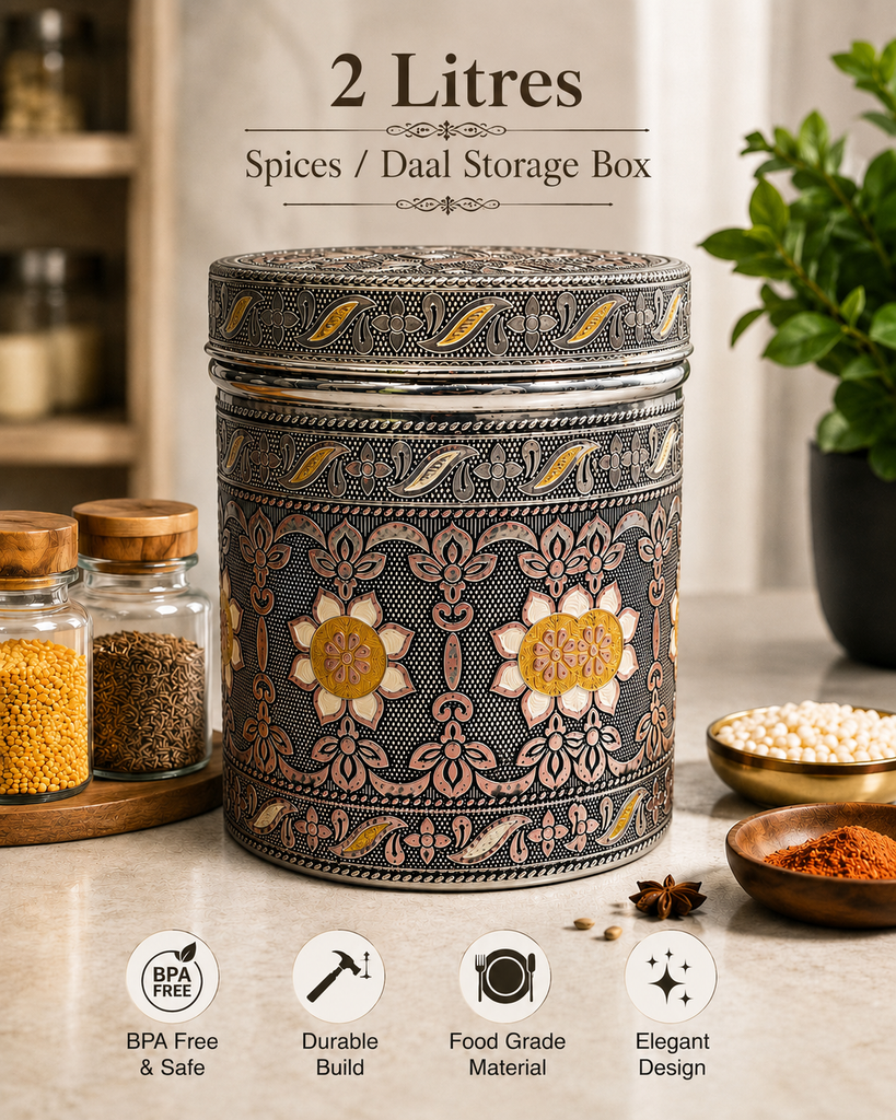 Salem 2 Litre 304 Grade Stainless Steel Storage Jar with Airtight Lid | Handmade Etching Work | Premium Spice, Daal & Dry Fruit Container | Food Grade Kitchen Storage Canister