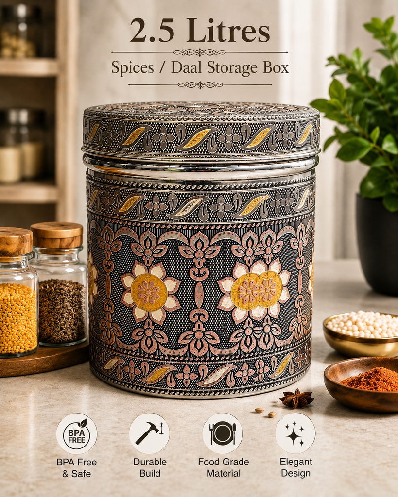 Salem 2.5 Litre 304 Grade Stainless Steel Storage Jar with Airtight Lid | Handmade Etching Work | Premium Spice, Daal & Dry Fruit Container | Food Grade Kitchen Storage Canister