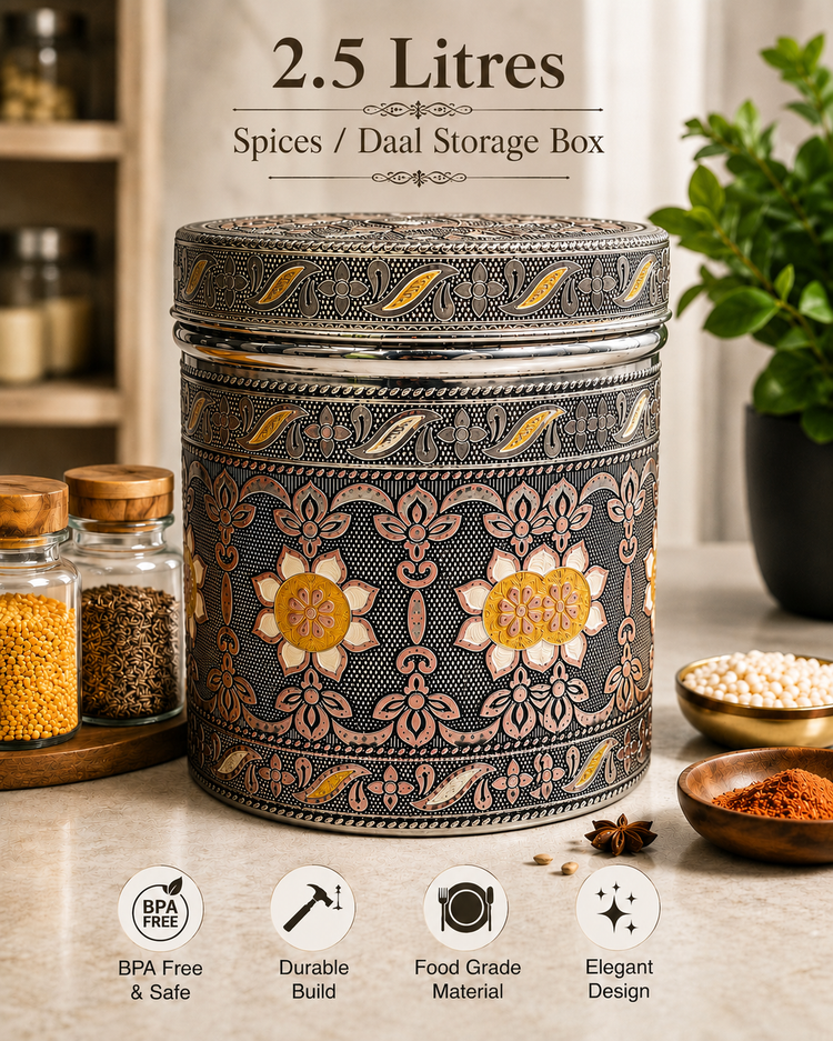 Salem 2.5 Litre 304 Grade Stainless Steel Storage Jar with Airtight Lid | Handmade Etching Work | Premium Spice, Daal & Dry Fruit Container | Food Grade Kitchen Storage Canister
