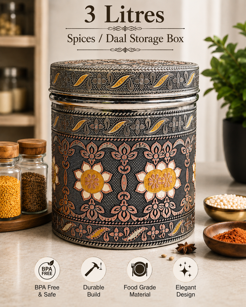 Salem 3 Litre 304 Grade Stainless Steel Storage Jar with Airtight Lid | Handmade Etching Work | Premium Spice, Daal & Dry Fruit Container | Food Grade Kitchen Storage Canister