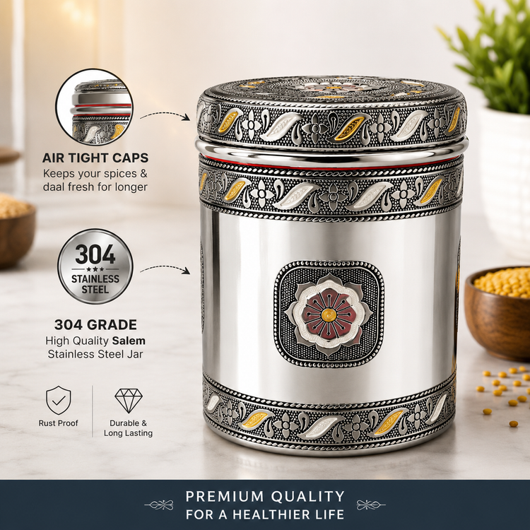 Salem 2.5 Litre 304 Grade Stainless Steel Storage Jar with Airtight Lid | Handmade Etching Work | Premium Spice, Daal & Dry Fruit Container | Food Grade Kitchen Storage Canister