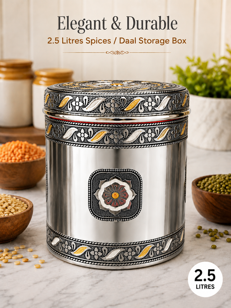 Salem 2.5 Litre 304 Grade Stainless Steel Storage Jar with Airtight Lid | Handmade Etching Work | Premium Spice, Daal & Dry Fruit Container | Food Grade Kitchen Storage Canister