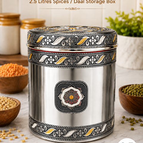 Salem 2.5 Litre 304 Grade Stainless Steel Storage Jar with Airtight Lid | Handmade Etching Work | Premium Spice, Daal & Dry Fruit Container | Food Grade Kitchen Storage Canister