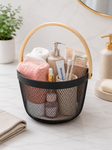 Premium Multipurpose Metal Mesh Storage Basket with Wooden Handle | Fruit Basket, Bathroom Organizer, Kitchen Counter Basket, Vegetable & Utility Storage- Black