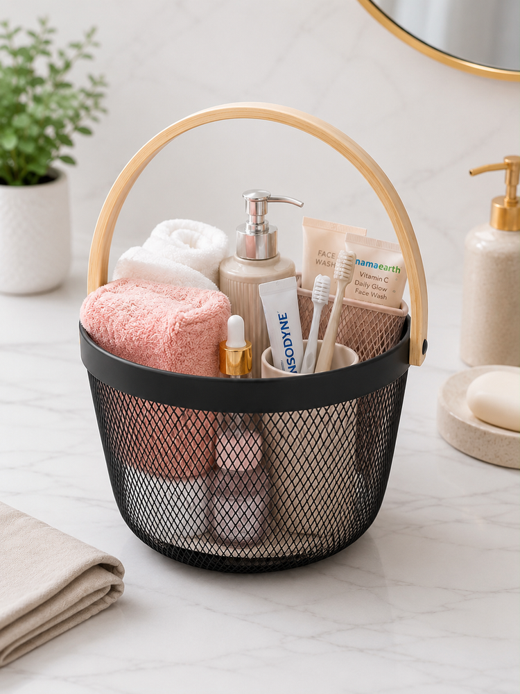 Premium Multipurpose Metal Mesh Storage Basket with Wooden Handle | Fruit Basket, Bathroom Organizer, Kitchen Counter Basket, Vegetable & Utility Storage- Black