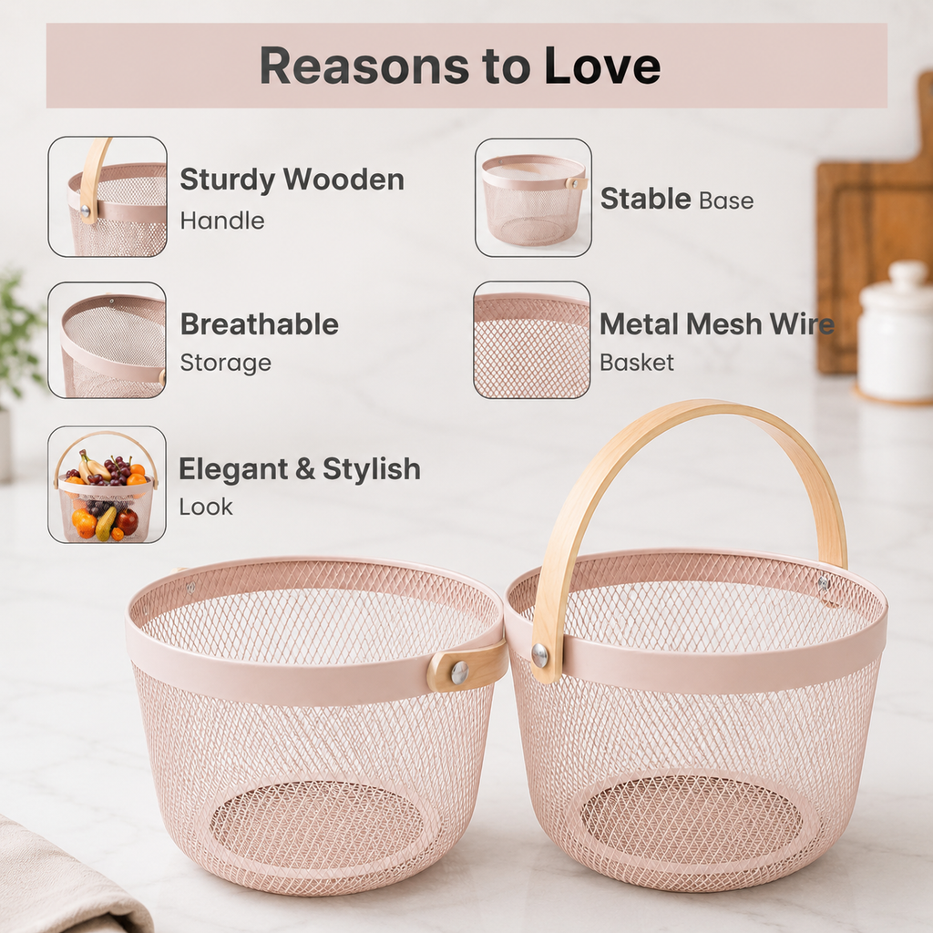 Premium Multipurpose Metal Mesh Storage Basket with Wooden Handle | Fruit Basket, Bathroom Organizer, Kitchen Counter Basket, Vegetable & Utility Storage- Pink