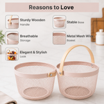 Premium Multipurpose Metal Mesh Storage Basket with Wooden Handle | Fruit Basket, Bathroom Organizer, Kitchen Counter Basket, Vegetable & Utility Storage- Pink