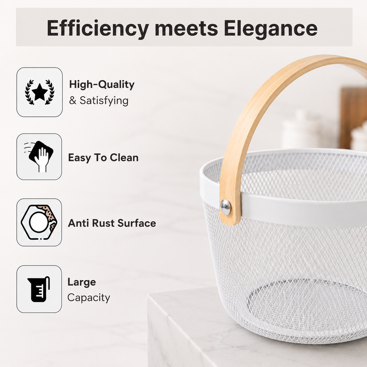 Premium Multipurpose Metal Mesh Storage Basket with Wooden Handle | Fruit Basket, Bathroom Organizer, Kitchen Counter Basket, Vegetable & Utility Storage- White
