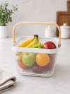Premium Multipurpose Metal Mesh Storage Basket with Wooden Handle | Fruit Basket, Bathroom Organizer, Kitchen Counter Basket, Vegetable & Utility Storage- White