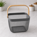 Premium Multipurpose Metal Mesh Storage Basket with Wooden Handle | Fruit Basket, Bathroom Organizer, Kitchen Counter Basket, Vegetable & Utility Storage- Grey
