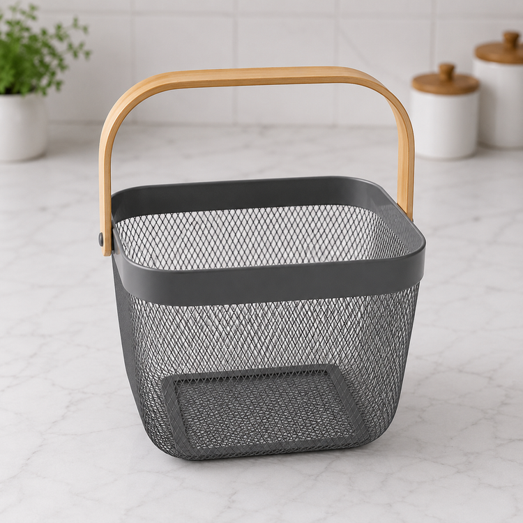 Premium Multipurpose Metal Mesh Storage Basket with Wooden Handle | Fruit Basket, Bathroom Organizer, Kitchen Counter Basket, Vegetable & Utility Storage- Grey