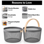 Premium Multipurpose Metal Mesh Storage Basket with Wooden Handle | Fruit Basket, Bathroom Organizer, Kitchen Counter Basket, Vegetable & Utility Storage- Grey