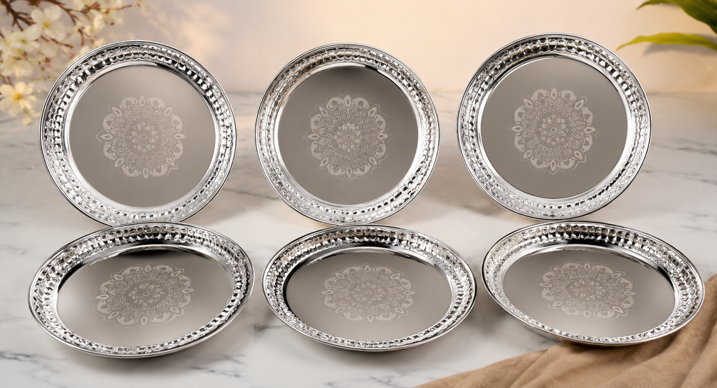 Devidayal 57-Piece Stainless Steel Luxury Dinner Set with Water Jug, Double Wall Donga, Plates, Bowls, Glasses & Spoons | Premium Family Dining Set for 6