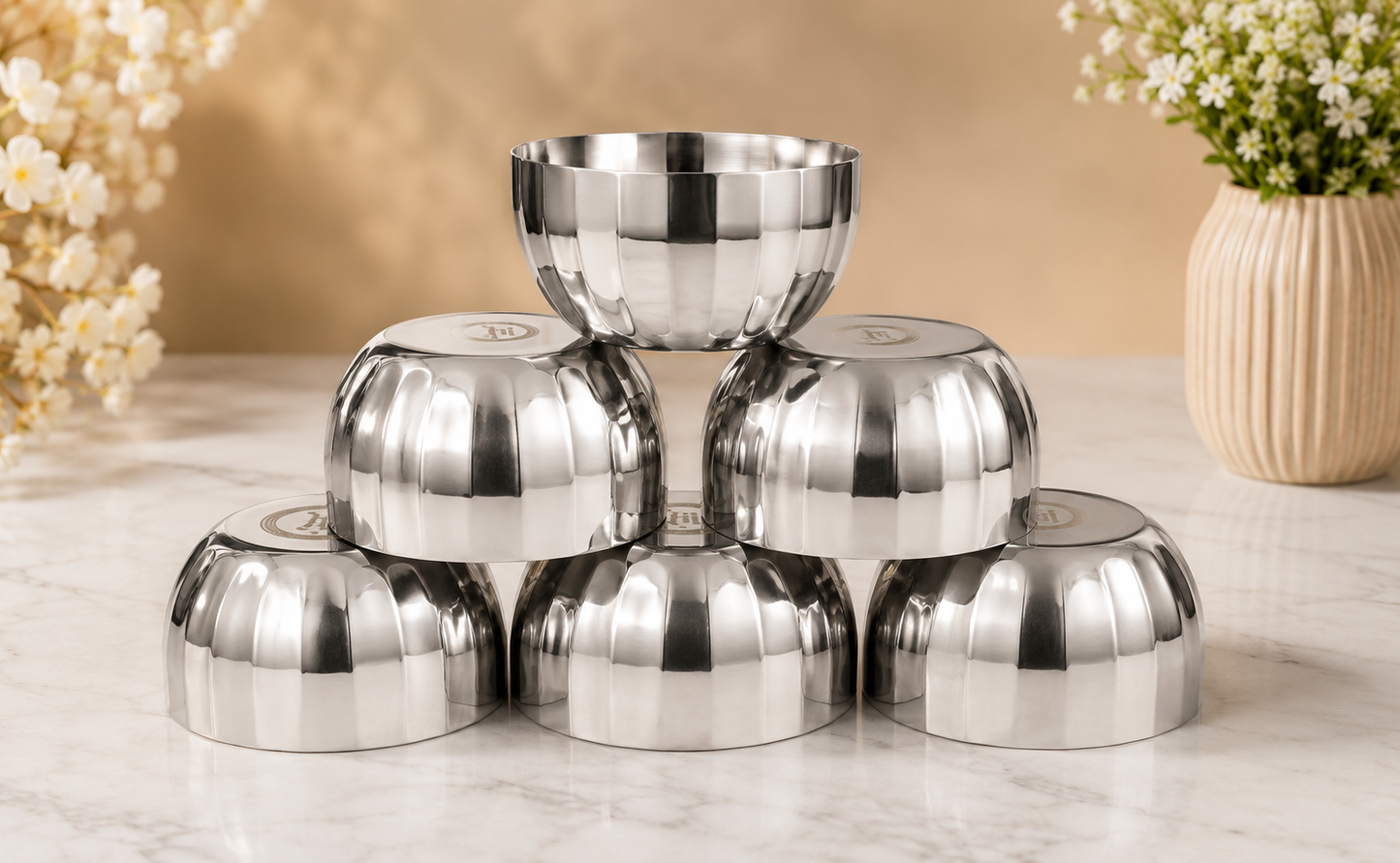 Devidayal 57-Piece Stainless Steel Luxury Dinner Set with Water Jug, Double Wall Donga, Plates, Bowls, Glasses & Spoons | Premium Family Dining Set for 6