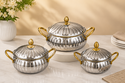 Devidayal 57-Piece Stainless Steel Luxury Dinner Set with Water Jug, Double Wall Donga, Plates, Bowls, Glasses & Spoons | Premium Family Dining Set for 6