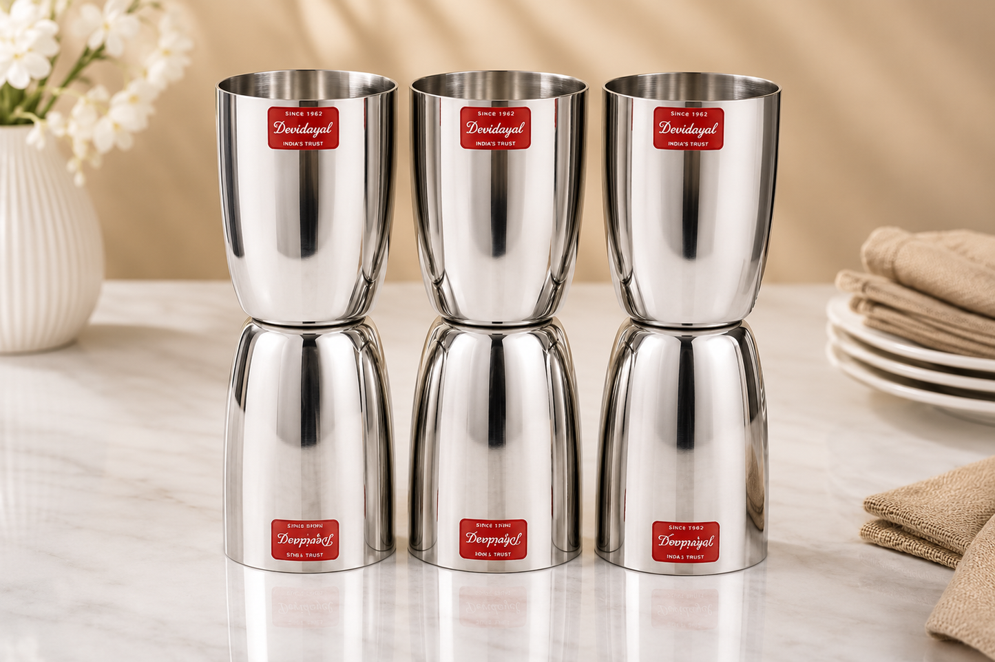 Devidayal 57-Piece Stainless Steel Luxury Dinner Set with Water Jug, Double Wall Donga, Plates, Bowls, Glasses & Spoons | Premium Family Dining Set for 6