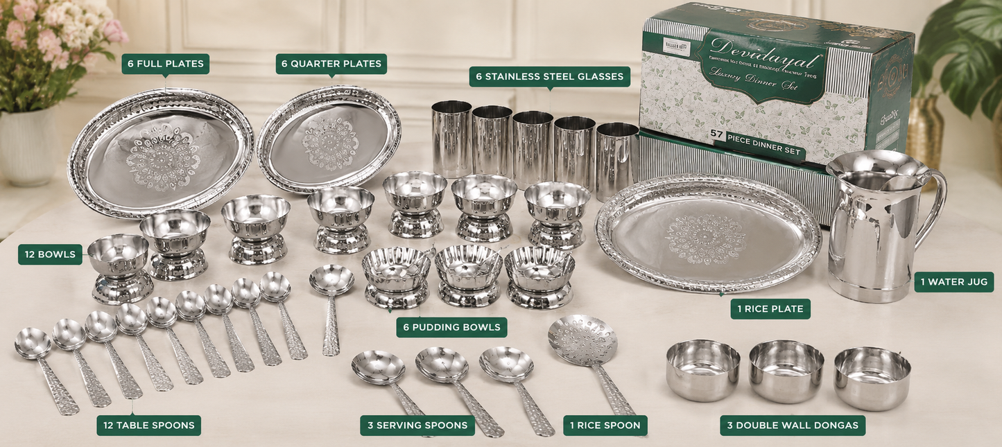 Devidayal 57-Piece Stainless Steel Luxury Dinner Set with Water Jug, Double Wall Donga, Plates, Bowls, Glasses & Spoons | Premium Family Dining Set for 6