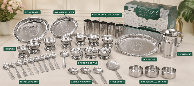 Devidayal 57-Piece Stainless Steel Luxury Dinner Set with Water Jug, Double Wall Donga, Plates, Bowls, Glasses & Spoons | Premium Family Dining Set for 6