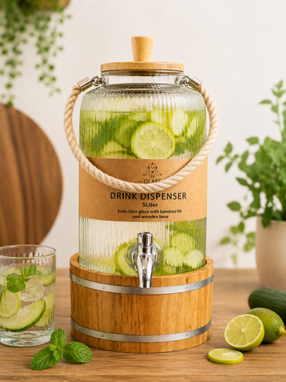5 Litre Glass Beverage Dispenser with Bamboo Lid & Wooden Stand | Premium Ribbed Glass Water Dispenser Jar with Tap for Detox Water, Juice, Lemonade & Party Serving