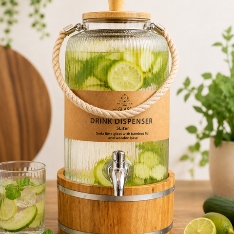 5 Litre Glass Beverage Dispenser with Bamboo Lid & Wooden Stand | Premium Ribbed Glass Water Dispenser Jar with Tap for Detox Water, Juice, Lemonade & Party Serving