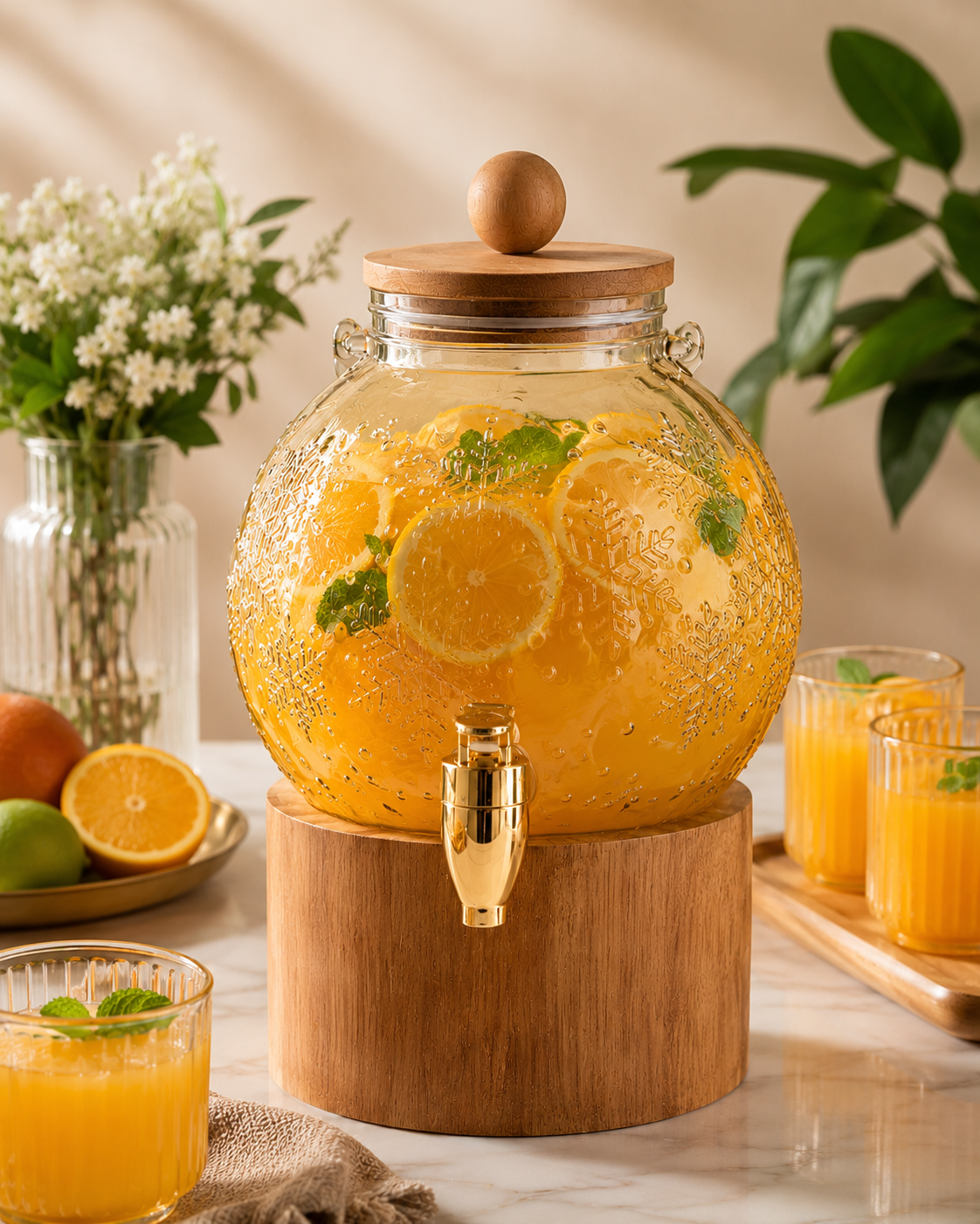 4 Litre Gold Tinted Glass Beverage Dispenser with Wooden Stand & Lid | Premium Juice, Water & Cold Drink Server for Home, Parties & Events