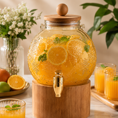 4 Litre Gold Tinted Glass Beverage Dispenser with Wooden Stand & Lid | Premium Juice, Water & Cold Drink Server for Home, Parties & Events