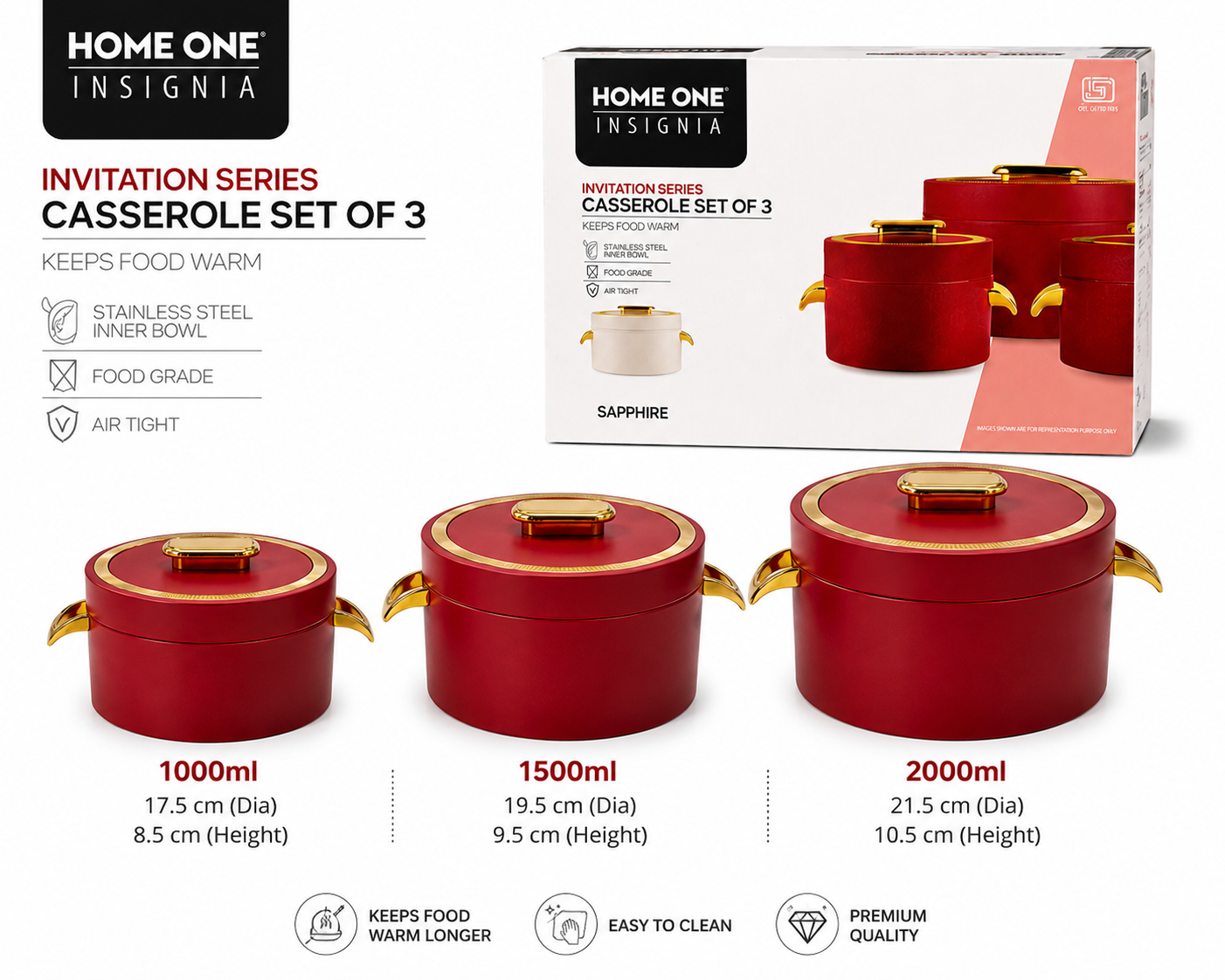 HOME ONE INSIGNIA Invitation Series Casserole Set of 3 (1000ml, 1500ml, 2000ml) | Premium Insulated Hot Food Casserole Set | Stainless Steel Inner Bowl | Air Tight Food Warmer Serving Casserole Set – Sapphire Red