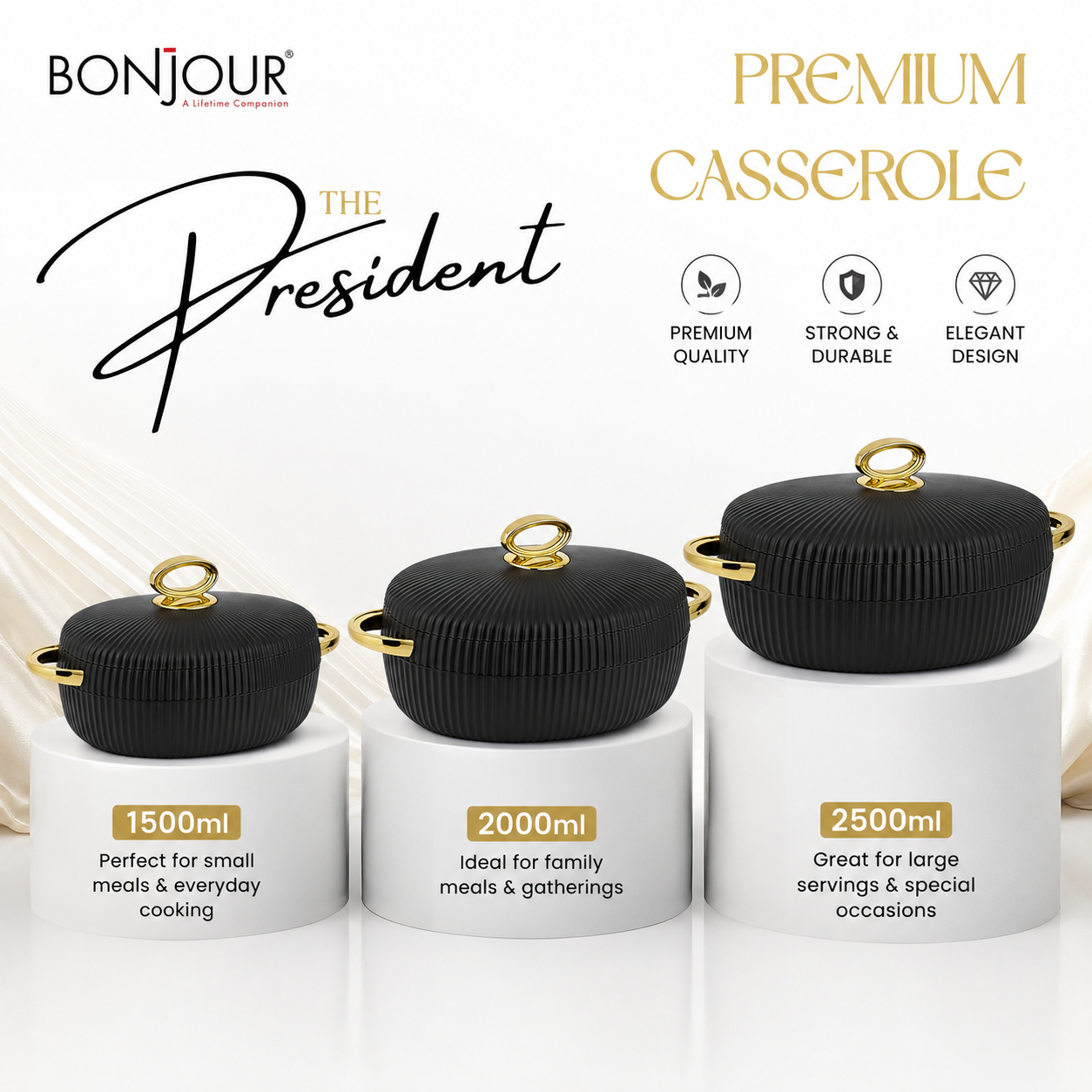 Bonjour President Premium Stainless Steel Casserole Set of 3 with Magnetic Lid (1500ml, 2000ml & 2500ml) | Double Wall Insulated Hot Pot | Elegant Black & Gold Finish