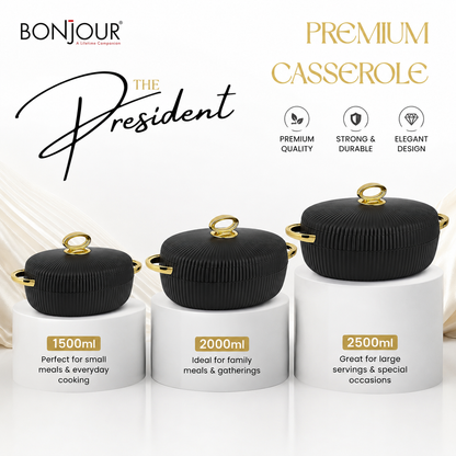 Bonjour President Premium Stainless Steel Casserole Set of 3 with Magnetic Lid (1500ml, 2000ml & 2500ml) | Double Wall Insulated Hot Pot | Elegant Black & Gold Finish