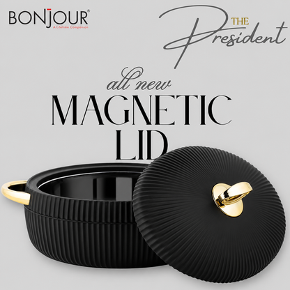 Bonjour President Premium Stainless Steel Casserole Set of 3 with Magnetic Lid (1500ml, 2000ml & 2500ml) | Double Wall Insulated Hot Pot | Elegant Black & Gold Finish