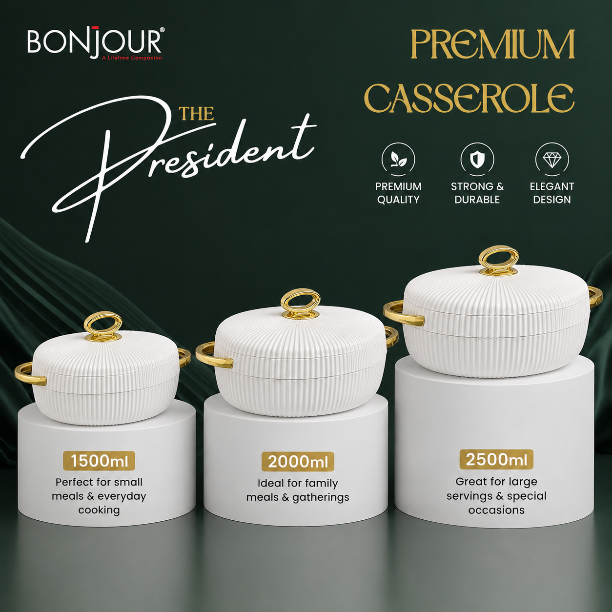 Bonjour President Premium Stainless Steel Casserole Set of 3 with Magnetic Lid (1500ml, 2000ml & 2500ml) | Double Wall Insulated Hot Pot | Elegant White & Gold Finish