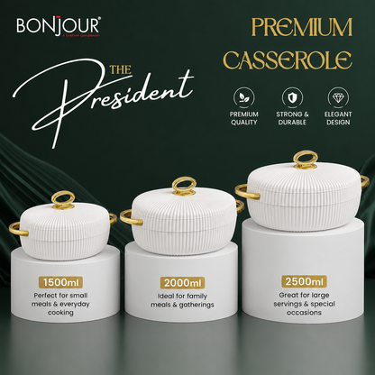 Bonjour President Premium Stainless Steel Casserole Set of 3 with Magnetic Lid (1500ml, 2000ml & 2500ml) | Double Wall Insulated Hot Pot | Elegant White & Gold Finish