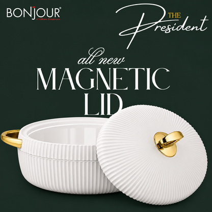 Bonjour President Premium Stainless Steel Casserole Set of 3 with Magnetic Lid (1500ml, 2000ml & 2500ml) | Double Wall Insulated Hot Pot | Elegant White & Gold Finish