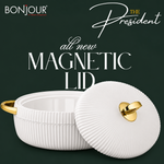 Bonjour President Premium Stainless Steel Casserole Set of 3 with Magnetic Lid (1500ml, 2000ml & 2500ml) | Double Wall Insulated Hot Pot | Elegant White & Gold Finish