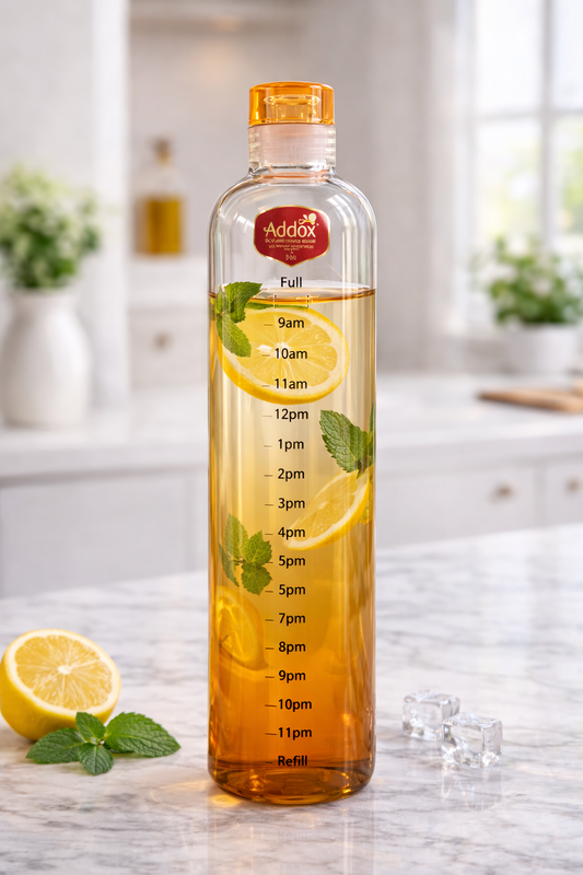 Addox 1 Litre Glass Water Bottle with Time Marker | Motivational Drinking Bottle with Leakproof Cap | BPA Free Reusable Hydration Bottle for Gym, Office, Home & Travel