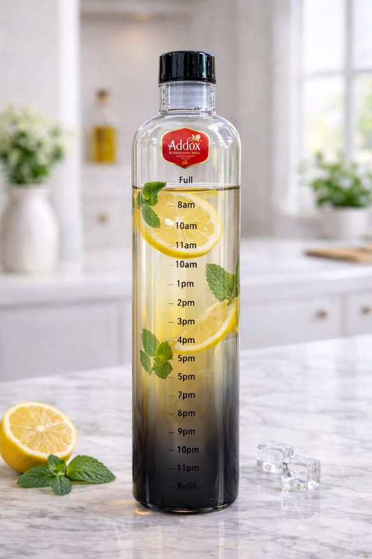 Addox 1 Litre Glass Water Bottle with Time Marker | Motivational Drinking Bottle with Leakproof Cap | BPA Free Reusable Hydration Bottle for Gym, Office, Home & Travel