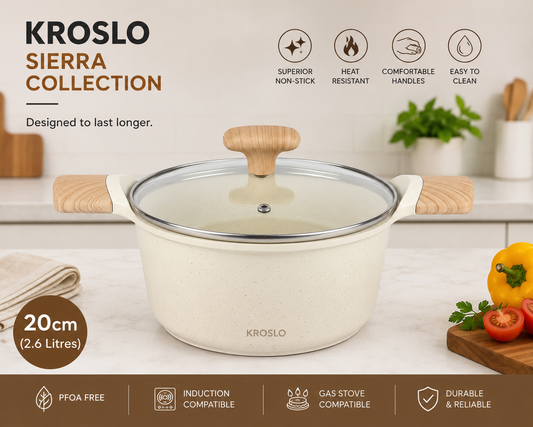 KROSLO Ceramic Dutch Pot 20cm (2.6 Litres) with Glass Lid | Non-Stick Casserole Pot with Wooden Finish Handles | Induction & Gas Stove Compatible