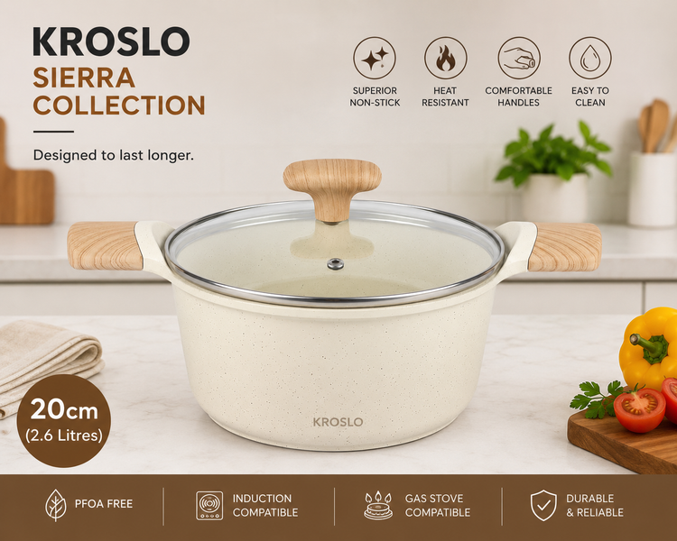 KROSLO Ceramic Dutch Pot 20cm (2.6 Litres) with Glass Lid | Non-Stick Casserole Pot with Wooden Finish Handles | Induction & Gas Stove Compatible