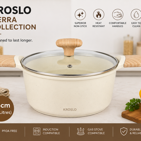 KROSLO Ceramic Dutch Pot 24cm (4.6 Litres) with Glass Lid | Non-Stick Casserole Pot with Wooden Finish Handles | Induction & Gas Stove Compatible