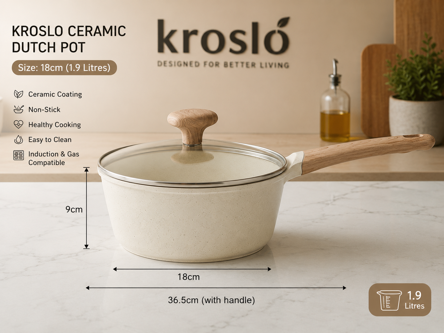 Kroslo Ceramic Coating Sauce Pan 18cm (1.9 Litres) with Glass Lid | Saucepan for Tea, Milk & Everyday Cooking