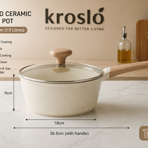 Kroslo Ceramic Coating Sauce Pan 18cm (1.9 Litres) with Glass Lid | Saucepan for Tea, Milk & Everyday Cooking