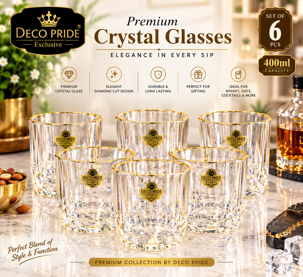 DecoPride 400ml Whisky Glass Set of 6 | Premium Crystal Drinking Glasses with Gold Printed Diamond Cut Design | Whiskey, Juice & Cocktail Glasses | Luxury Barware Set