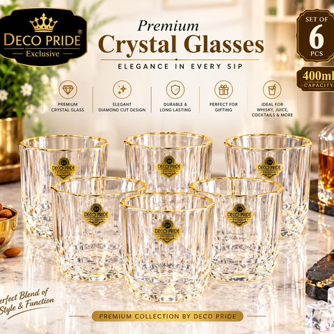 DecoPride 400ml Whisky Glass Set of 6 | Premium Crystal Drinking Glasses with Gold Printed Diamond Cut Design | Whiskey, Juice & Cocktail Glasses | Luxury Barware Set