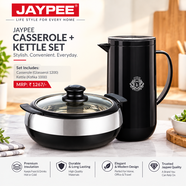 **Jaypee Glasserol 1200 & Kofika 1000 Casserole and Kettle Combo Set – Insulated Stainless Steel Casserole with Hot Water Kettle for Home, Kitchen & Dining**