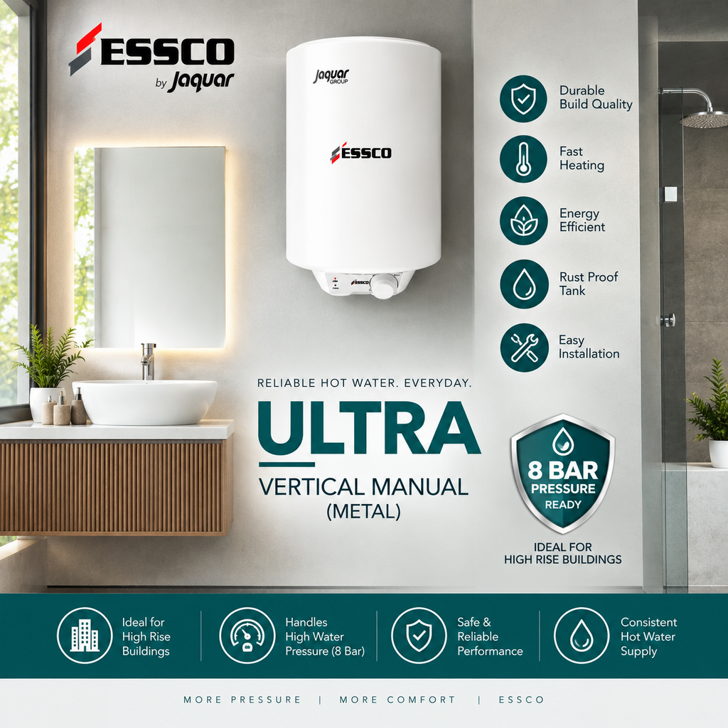 Essco by Jaguar Ultra 15 Litre Vertical Storage Water Heater | 2 KW | 8 Bar Pressure | 5 Star Rating | Glass Lined Tank | Glass Coated Incoloy Heating Element | 7 Year Tank Warranty