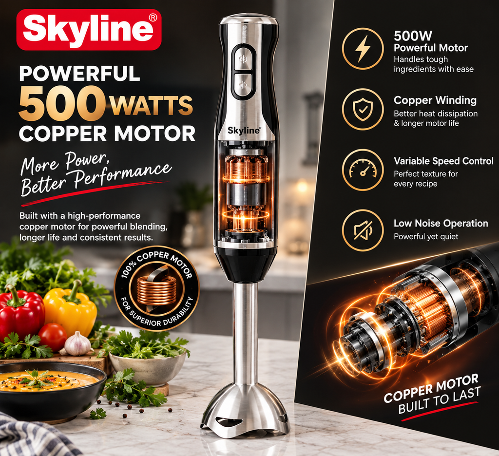 Skyline 500W Hand Blender with Chopper & Whisker | 3-in-1 Immersion Blender, Vegetable Chopper & Egg Whisk | Stainless Steel Blades | 1 Year Warranty