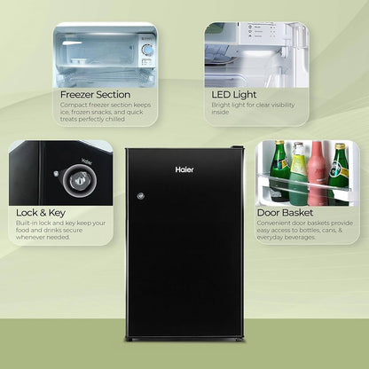 Haier 100 L 2 Star Direct Cool Single Door Mini Bar Refrigerator with Chiller Freezer Box, LED Light for Clear View, Lock & Key and Easy Clean Back (HRD-1252KSA, Black Steel, 2026 Model)